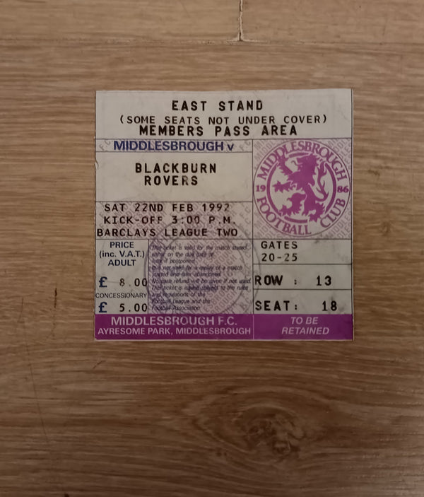 Middlesbrough v Blackburn 1991/2 Match Ticket.