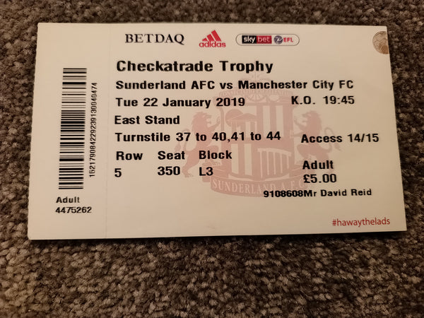 Sunderland v Manchester City 2019/20 Checkatrade Trophy Match Ticket