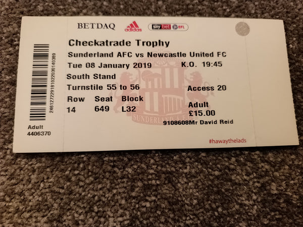 Sunderland v Newcastle United 2019/20 CheckaTrade Match Ticket