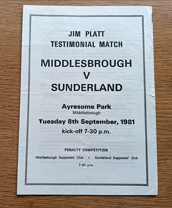 Middlesbrough v Sunderland 1981/2 Jim Platt Testimonial