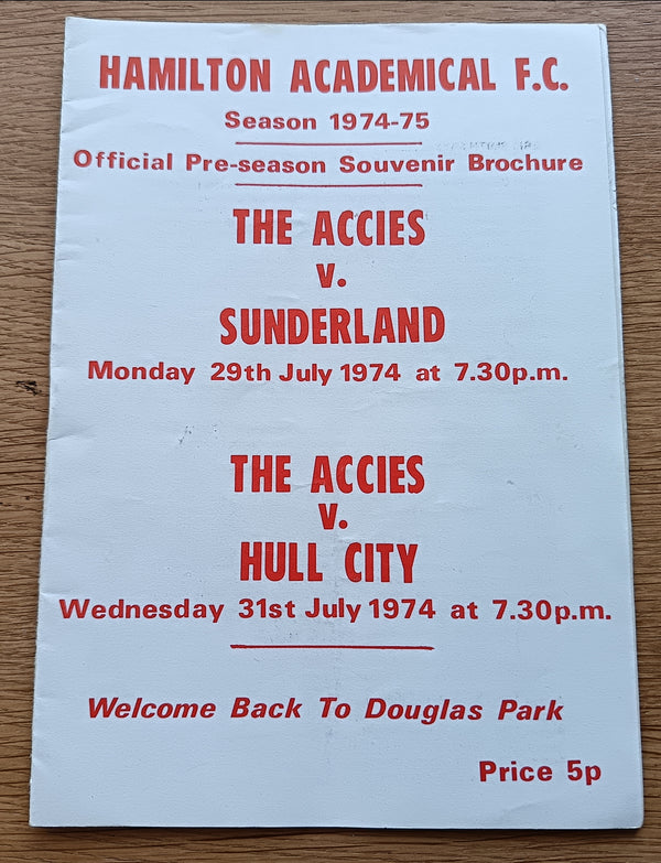 Hamilton Accies v Sunderland 1974/5 Pre Season Friendly