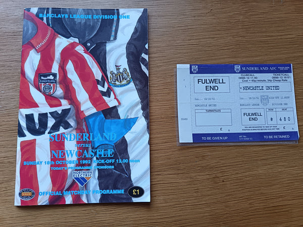 Sunderland v Newcastle Utd 1992/3 Inc Match Ticket