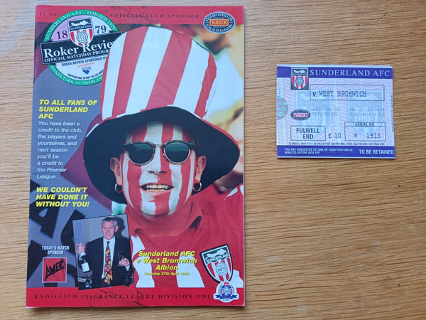 Sunderland v West Bromwich Albion 1995/6 Inc Match Ticket