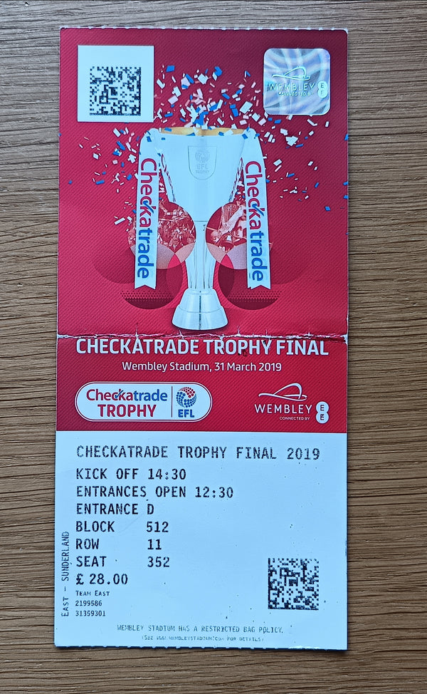 Match Ticket 2019 Checkatrade Trophy Sunderland v Portsmouth