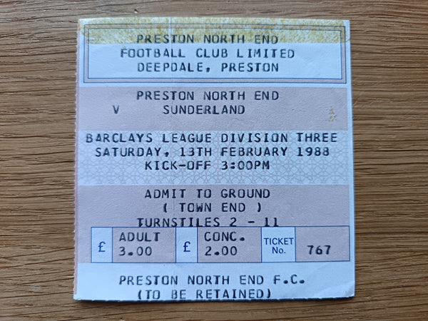 Match Ticket Preston North End v Sunderland 1987/8