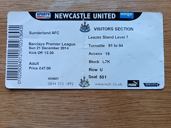 Match Ticket Newcastle Utd v Sunderland 2014/15