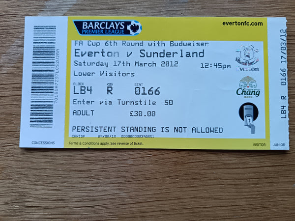 Match Ticket Everton v Sunderland 2011/12 FA Cup