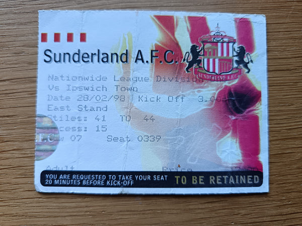 Match Ticket Sunderland v Ipswich Town 1998/9