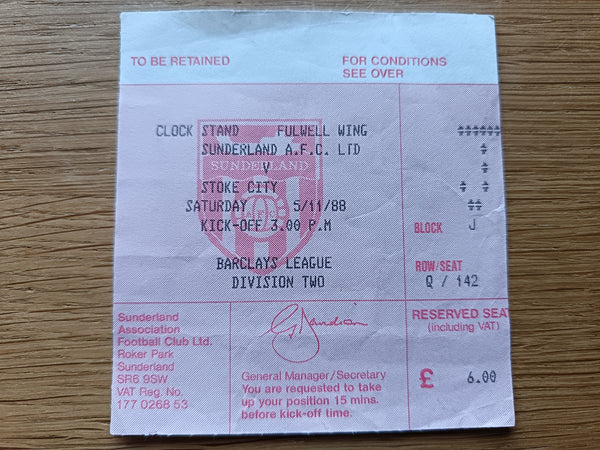 Match Ticket Sunderland v Stoke City 1988/9
