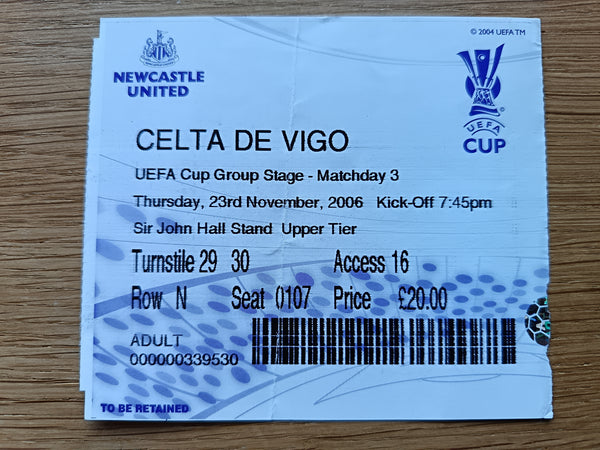 Match Ticket Newcastle Utd v Celta Vigo 2006/7 UEFA Cup