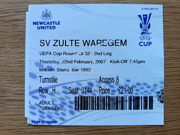 Match Ticket Newcastle Utd v SV Zulte Waregem 2007/8 UEFA Cup