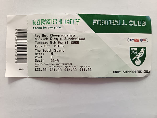 Match Ticket Norwich City v Sunderland 2024/5