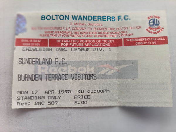 Match Ticket Bolton W v Sunderland 1994/5