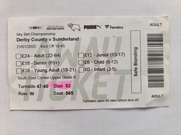 Match Ticket Derby County v Sunderland 2024/5