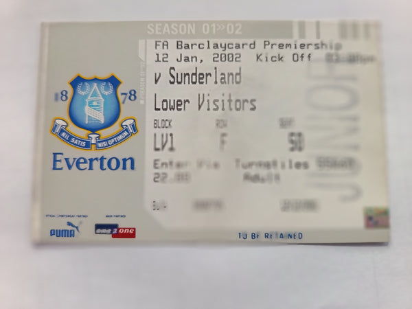 Match Ticket Everton v Sunderland 2001/2