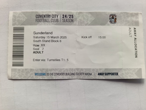 Match Ticket Coventry City v Sunderland 2024/5