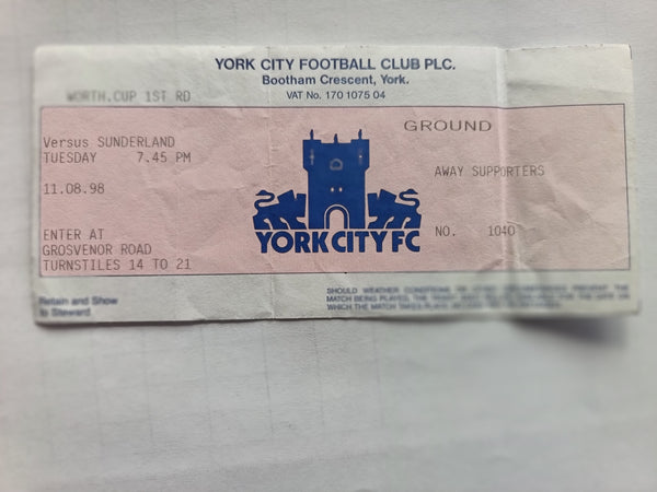 Match Ticket York City v Sunderland Worthington Cup 1998/9
