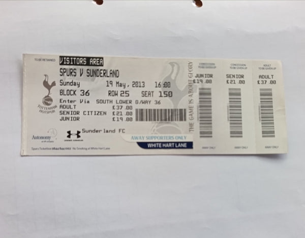 Match Ticket Tottenham Hotspur v Sunderland 2012/13 Complete/Unused