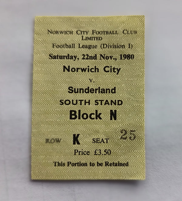 Match Ticket Norwich City v Sunderland 1980/1