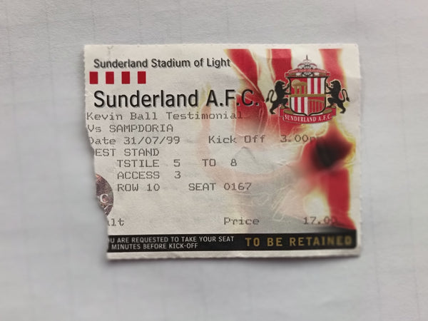 Match Ticket Sunderland v Sampdoria Kevin Ball Testimonial 1999/00