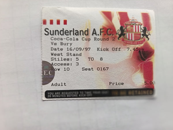 Match Ticket Sunderland v Bury Coca Cola Cup 1997/8