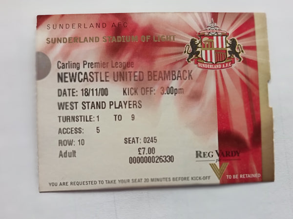 Match Ticket Newcastle v Sunderland 18/11/2000 Beamback
