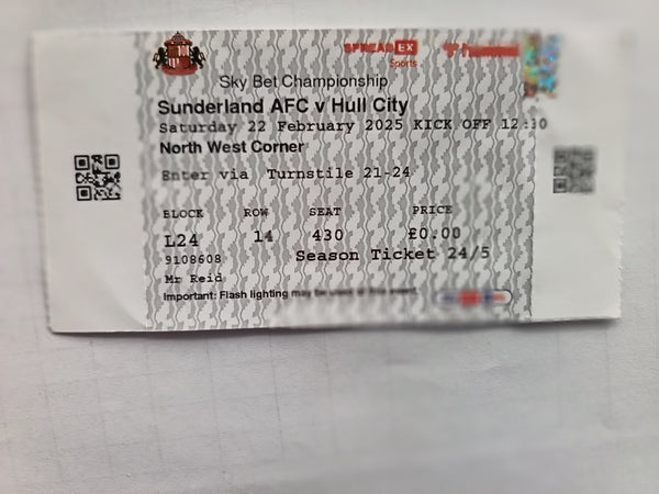 Match Ticket Sunderland v Hull City 2024/5