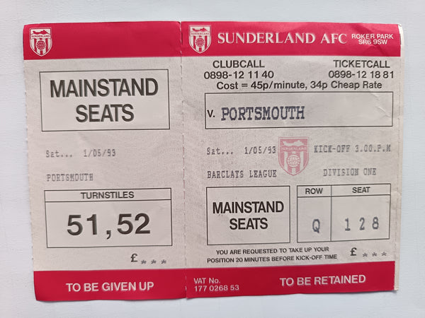 Match Ticket Sunderland v Portsmouth 1992/3 Unused