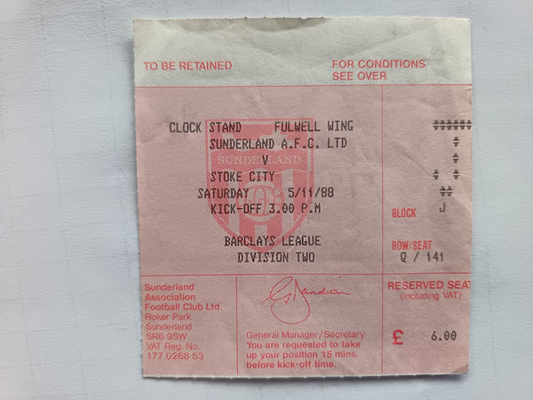 Match Ticket Sunderland v Stoke City 1988/9