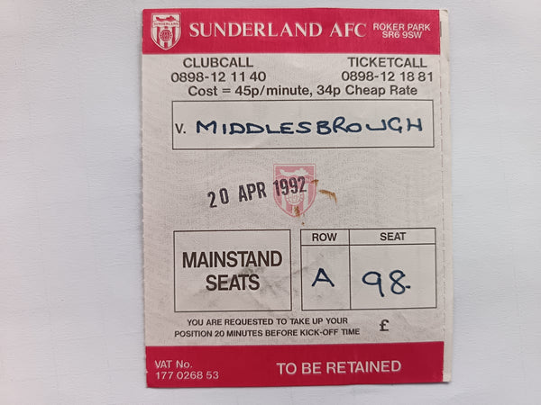 Match Ticket Sunderland v Middlesbrough 1991/2