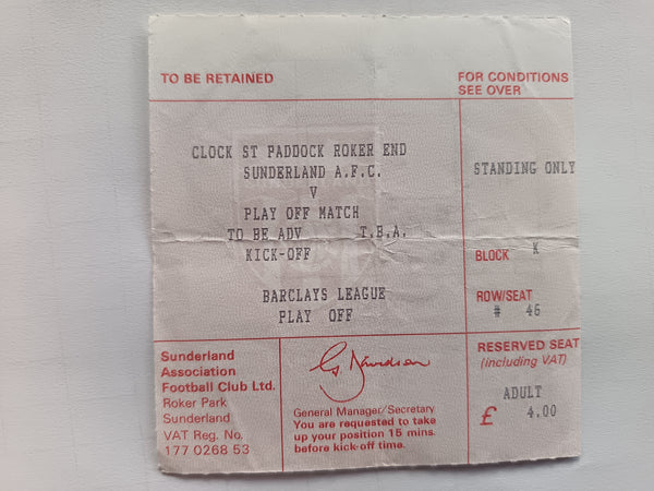 Match Ticket Sunderland v Newcastle Utd 1989/90 Play Off semi final