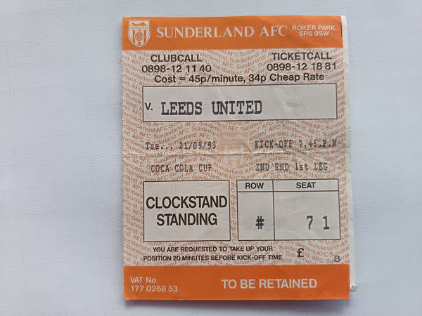 Match Ticket Sunderland v Leeds Utd Coca Cola Cup