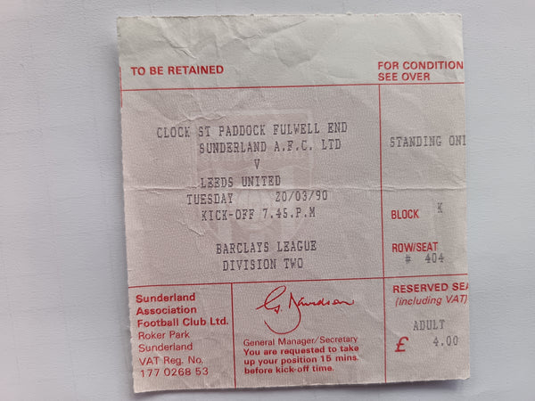 Match Ticket Sunderland v Leeds Utd 1989/90