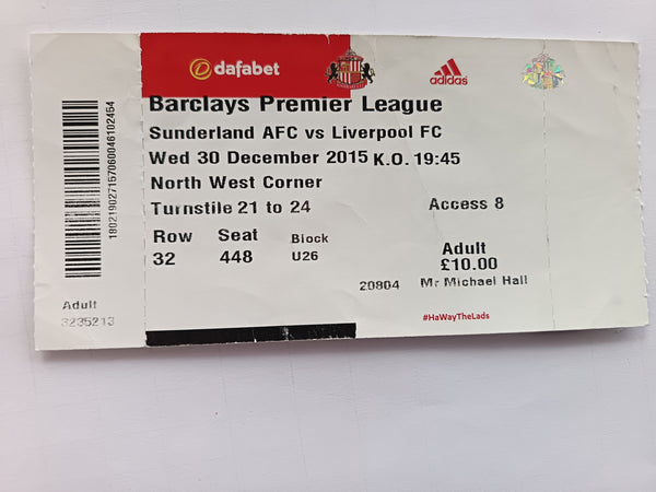 Match Ticket Sunderland v Liverpool 2015/16