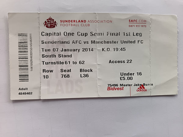 Match Ticket Sunderland v Manchester United Capital One Cup Semi Final 2013/14