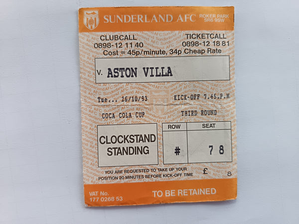 Match Ticket Sunderland v Aston Villa Coca Cola Cup 1993/4