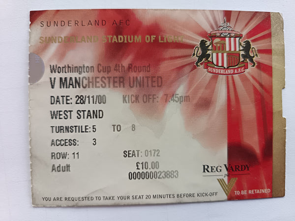 Match Ticket Sunderland v Manchester United Worthington Cup 2000/01