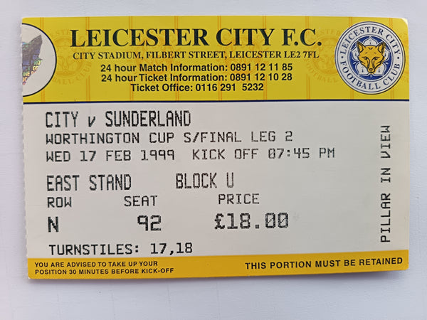 Match Ticket Leicester City v Sunderland Worthington Cup Semi Final 1998/9