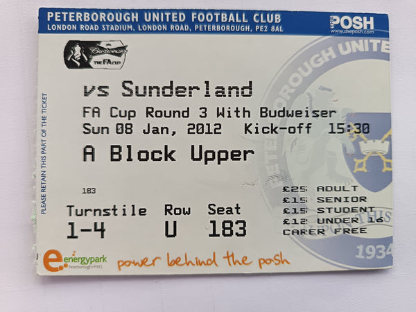Match Ticket Peterborough Utd v Sunderland 2011/12 FA Cup