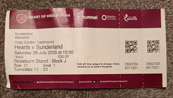 Match Ticket Hearts v Sunderland 2002/6 Craig Gordon Testimonial