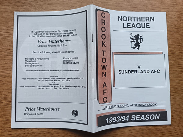 Crook Town v Sunderland 1993/4 Pre Season Friendly