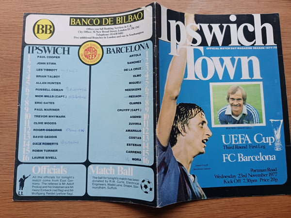 Ipswich Town v Barcelona UEFA Cup 1977/8