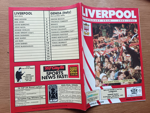 Liverpool v Genoa UEFA Cup 1991/2
